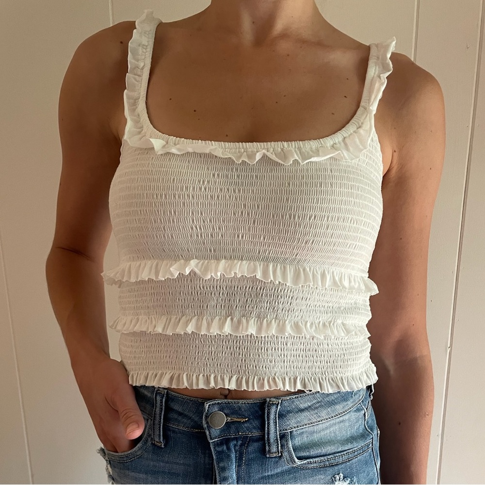 Urban Outfitters White Smocked Ruffle Tank